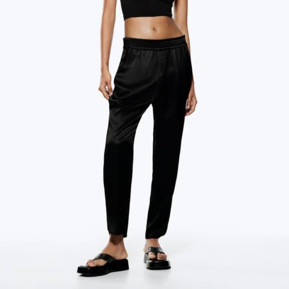 NWT Zara Black Satin High Waist Jogger Slit Hem Pants - Picture 5 of 7